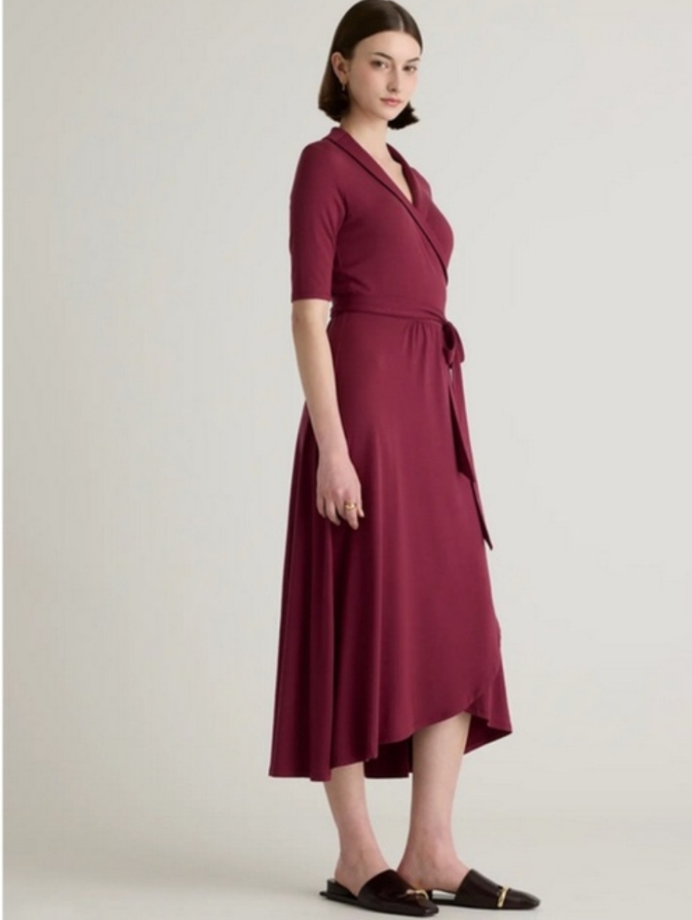 QUINCE Tencel Jersey Midi Wrap Dress Asymmetrical Hem Stretch Lyocell Wine M NWT - Picture 4 of 11